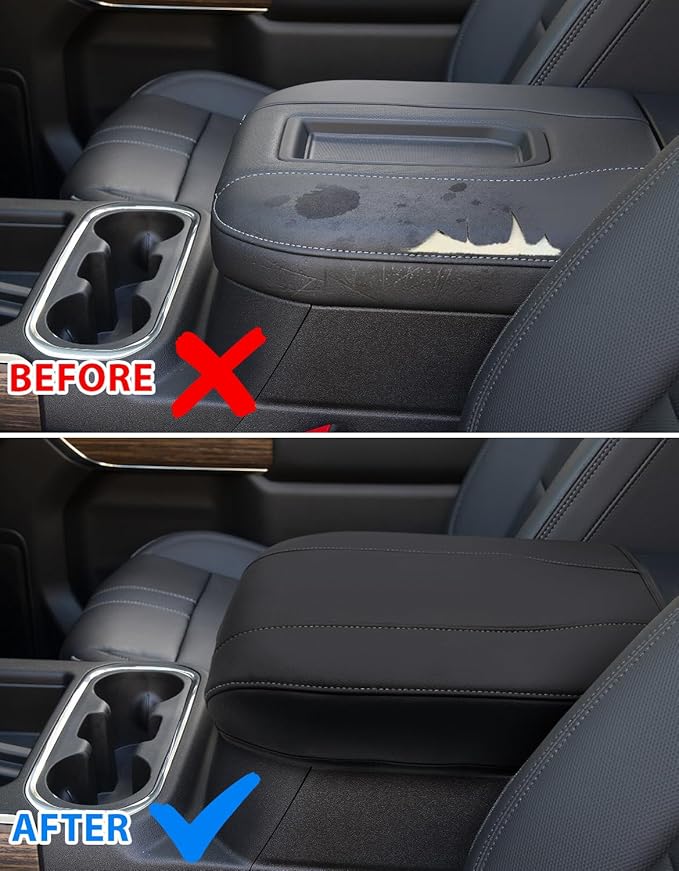 Center Console Cover for Chevy Silverado 1500 Accessories & GMC Sierra 2019-2026, Yukon & Tahoe & Suburban 2021-2026, Bucket Seat Only, Vinyl Armrest Middle Console Cover, Black-Gray Stitch