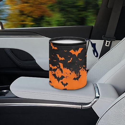 Halloween Bat Print Car Garbage Can Mini Car Trash Bin Truck Organizer Auto Storage Bag Waterproof Portable Accessories Road Trip for Kids