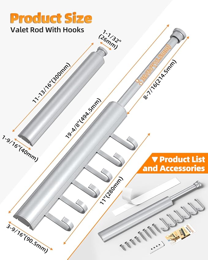 12 inch Valet Rod for Closets Pull Out, Closet Rods Extenders for Hanging Clothes Telescoping Adjustable With 6 Hooks (Silver, 12 Inch-1 Pack)