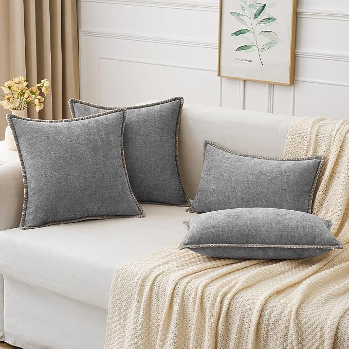 MIULEE Pack of 2 Couch Throw Pillow Covers 16x16 Inch Dark Gray Farmhouse Decorative Pillow Covers with Stitched Edge Soft Chenille Solid Dyed Pillow Covers for Sofa Bed Living Room
