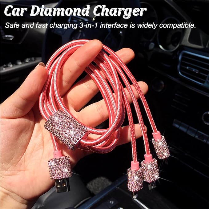 Bling Dual USB Car Charger with 3-in-1 Multi Fast Charging Cable, Dual Port Charger Adapter with Type C Micro USB Cord for iPhone, Android, Rhinestones Car Interior Accessories for Women(Pink)