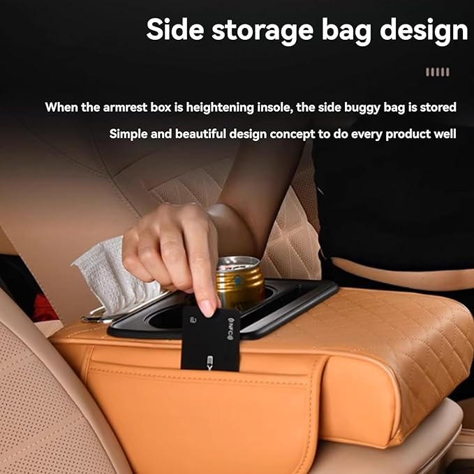 Multifunctional Pu Leather Car Armrest Box Mat, 5-In-1Multifunctional Car Armrest Cushion, Car Arm Rest Cover Pad, Center Console Organizer with Cup Holder, Tissue Box & Phone Slot (Beige)