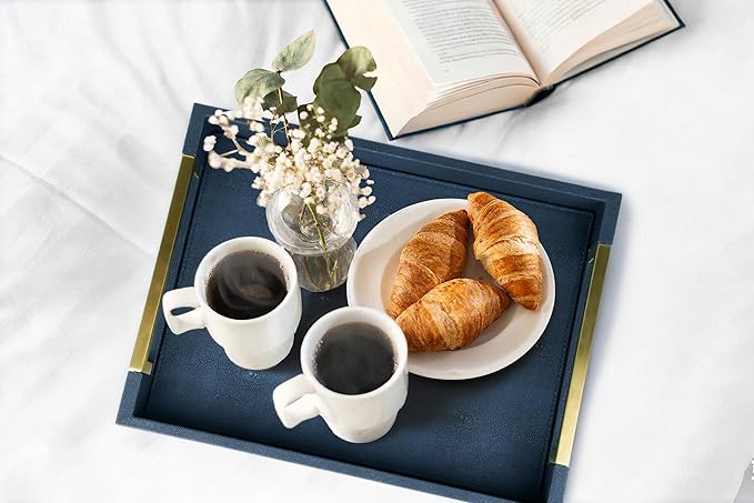 HofferRuffer Faux Leather Serving Tray with Gold Metal Handles, Stylish Decorative Tray Organizer for Coffee Table, Ottoman, Home Decor and Serving (Blue Shagreen, 16.2" x 12.2" x 2")