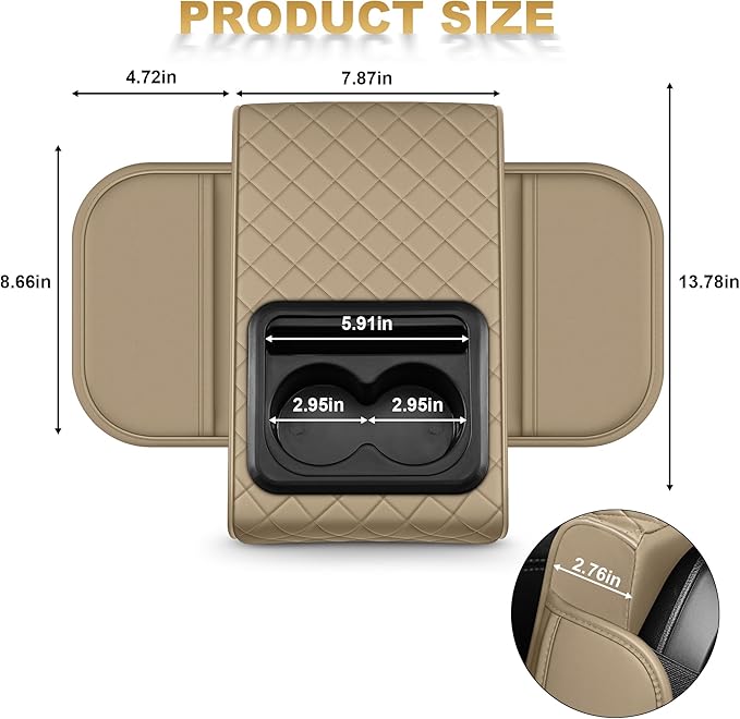 Center Console Cover for Civic: Armrest Cover for Car with 2 Storage Bags - Waterproof Leather Center Console Cover with Cup Holder for Car,Anti-Scratch Auto Armrest Pad Accessory （Beige