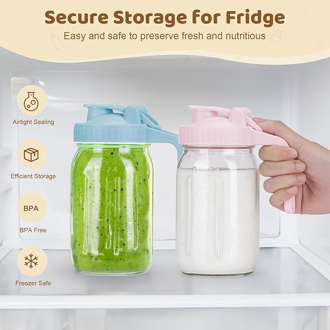 Breast Milk Pitcher with Leak Proof Flip Cap & Pour Spout, 32 oz Wide Mouth Mason Jars for Breast Milk Storage Container, Glass Picther with Lid for Cold Brew Coffee, Sun Tea, Juices, Green