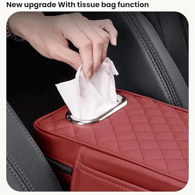 Car Arm Rest Cover Pad for Ford Maverick 2022 2023 2024, Leather Memory Foam Center Console Cushion with 2 Storage Bags and a Tissue Box Universal Car Interior Accessories,E/Beige