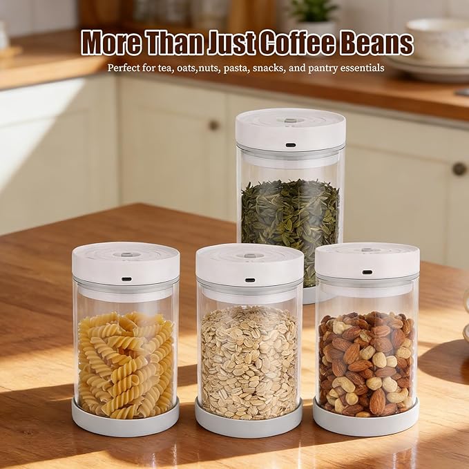 Syaws Automatic Vacuum Container,Electric Airtight Coffee Canister for 13oz Coffee Beans,1.1L Food Storage Container with Auto-Vacuum Function,Glass Jars for Flour Cereal Sugar Tea Coffee Beans Snacks
