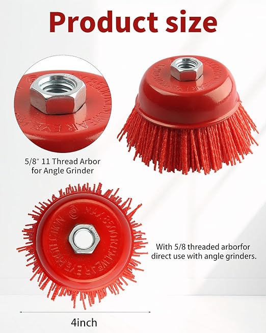 4 Inch Nylon Brush for Angle Grinder, 2Pcs Wire Wheel for Angle Grinder 5/8 Inch-11 Threaded Arbor, Nylon Cup Wire Brush for Drill Ideal for Removing Rust, Corrosion, Paint.