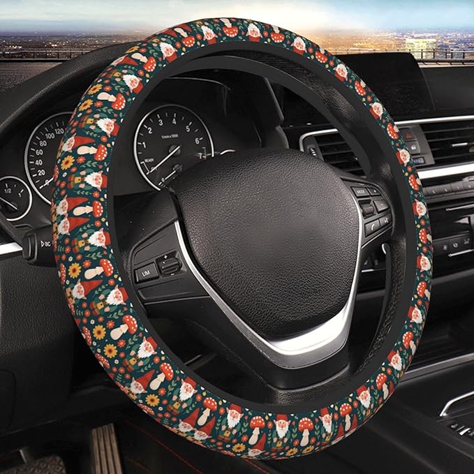Neoprene Steering Wheel Cover Gnomes Flowers Pattern Car Steering Wheel Cover Universal Fit for Most Cars