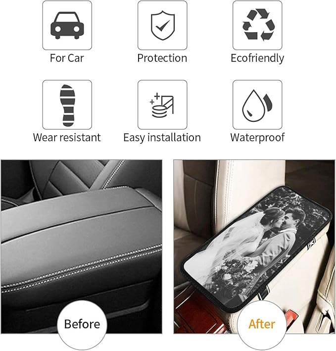 Custom Auto Center Console Pad Car Armrest Cushion Car Decor Accessories, Add Your Own Personalized Text Name Message Image on Seat Box Cover Protector, Universal for Most Vehicle Sedan, Truck, SUV