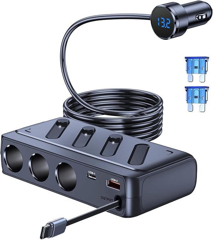 LIHAN Cigarette Lighter Splitter with Retractable Type-C Cable, 3 Sockets & 3 USB Ports (PD45W+QC),12V/24V Car Charger Adapter, LED Voltage Display & Independent Switch for Vehicles/RV/SUV/Truck