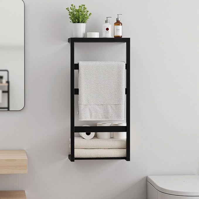 Bamboo Wall Blanket Ladder, 4-Tier Towel Racks, Bamboo Bath Towel Racks for Bathroom Wall Mounted, Decorative Blanket, Quilt, Towel, Scarf Ladder Shelves for Bathroom, Living Room, Bedroom， Black