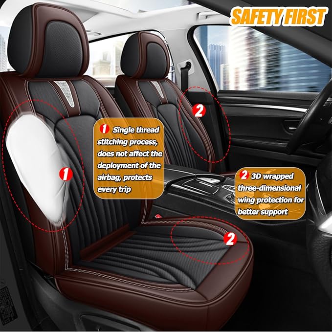 Car Seat Covers Full Set for 5 Seats - Nappa Leather 3D Foam Back Support, Super Breathable, All Season Car Seat Cushion with Storage Bags, Universal Fit for Most Cars, Colour- Coffee Black
