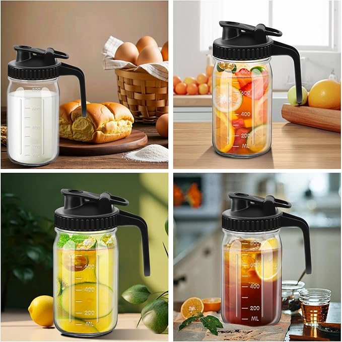 1Pc Wide Mason Jar Pitcher,32oz Glass Pitcher with Lid Double Leak-proof with Handle Water Jug Wide Mouth Breast Milk Fridge Container for Water, Juice (32oz Black)