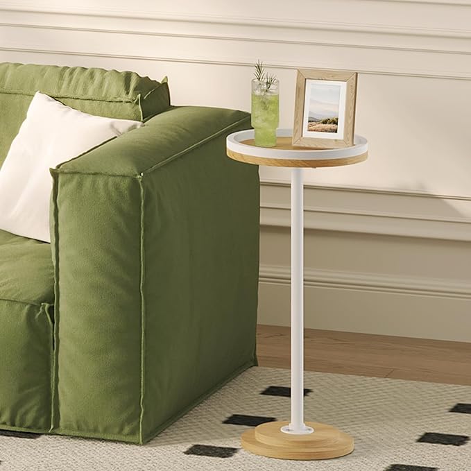 HOOBRO Small Round Side Table, Drink Table, Coffee Martini Table with Pedestal Accent for Small Spaces in Living Room, Bedroom, Sofa Couch, Natural and White WN168BZ01