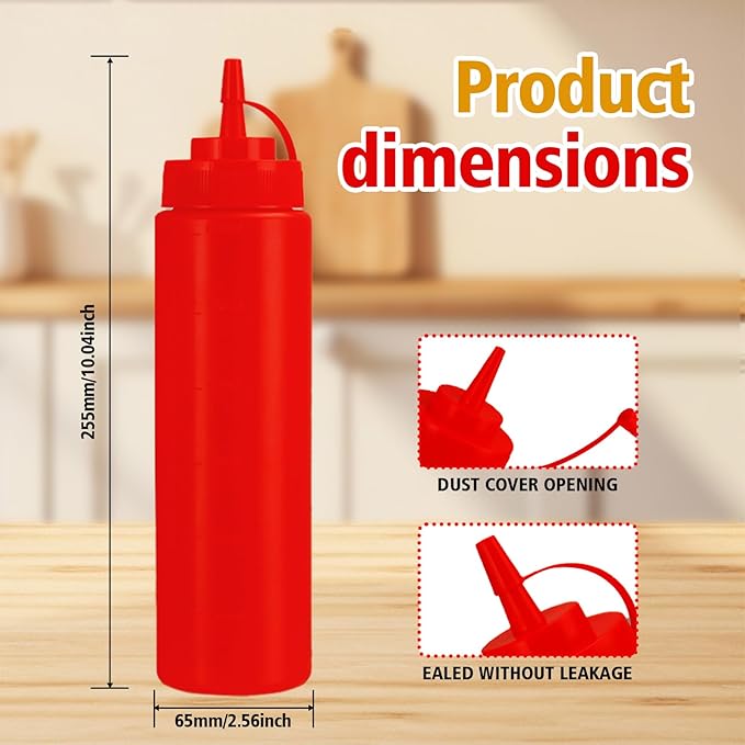 Squeeze Bottles for Sauces,Leak-Proof Condiment Dispenser, BPA-Free Kitchen Restaurant Squeeze Bottle Set with Wide Mouth for Ketchup, Mustard,Syrup,Dressings (Red, 6Pack-24oz(600ml))