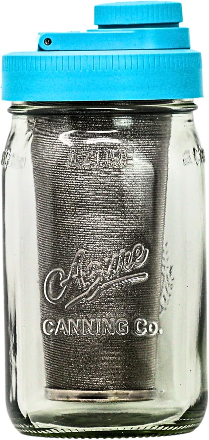 Brewing America Mason Jar Cold Brew Coffee Maker Infuser: Made in USA Wide Mouth Mason Jar Lid with Azure Canning Jar, and Stainless Steel Filter for Delicious Coffee, Tea - 1 Quart 32 oz Teal Lid
