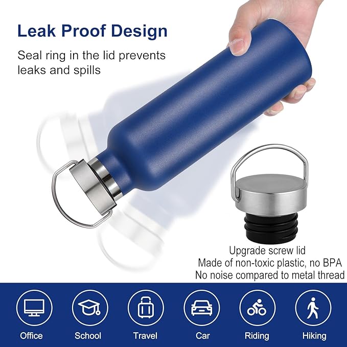 Neihepal 20 oz Insulated Water Bottles Bulk 4 Pack,Stainless Steel Double Wall Sport Bottle with Lid of Handle,Metal Reusable Thermoses Flask with Cup Cap for School,Hikers,Gift (Navy,Set of 4)