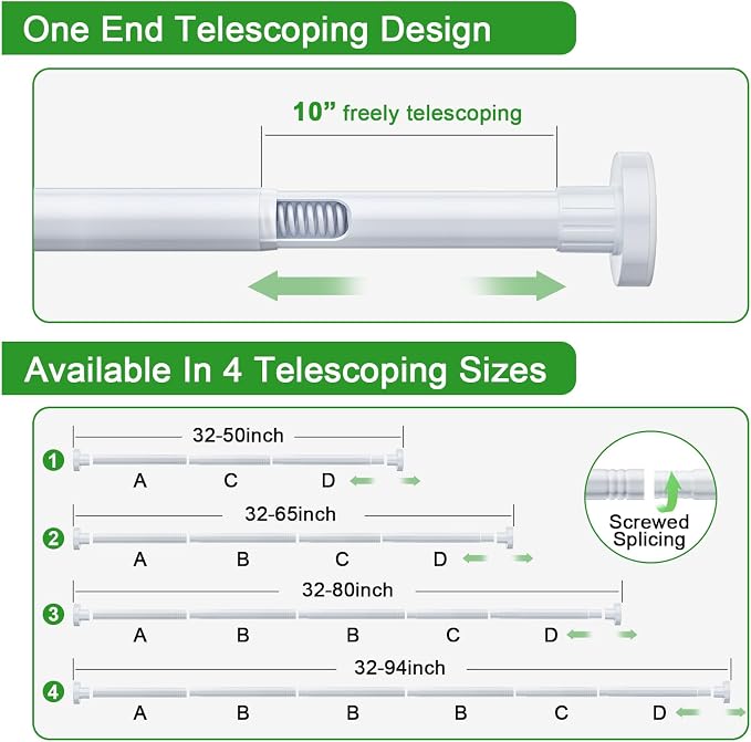 Ausemku Shower Curtain Rod 32-50 Inch Adjustable - 1 Inch Diameter Heavy Duty No drill Spring Tension Shower Rod, Non-Slip Rustproof Telescopic Rod for Bathroom, White