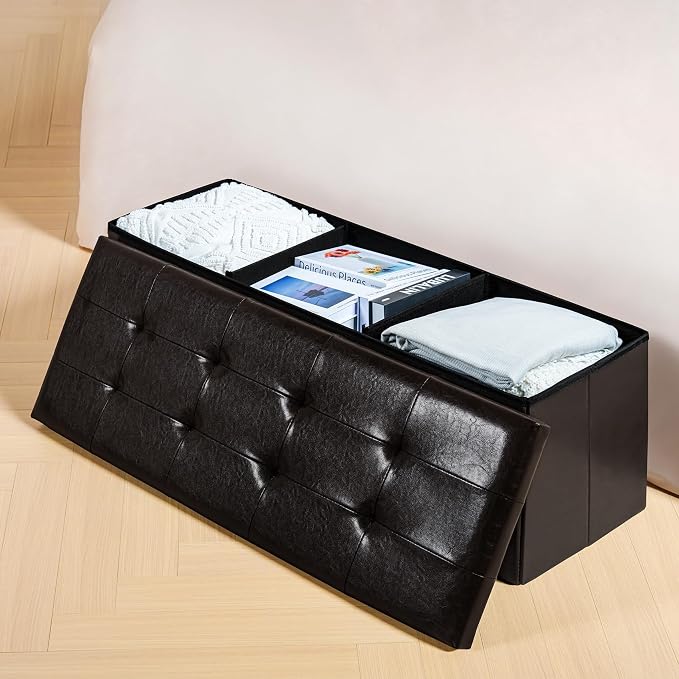 PINPLUS Folding Storage Ottoman Bench, Brown Faux Leather Long Storage Chest Footstool Seat, Bench for Bedroom and Hallway, 43.3"x15.7"x15.7"