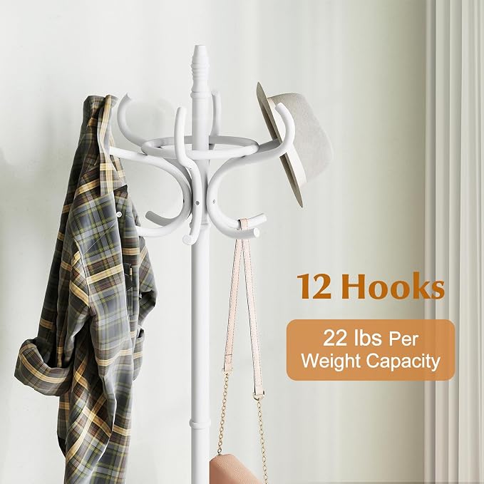 Giantex Solid Wood Coat Rack, Freestanding Hall Tree w/12 Hooks, Umbrella Holder, Entryway Hanger Stand for Coat, Hats, Scarves, Bags, Wooden Garment Rack for Bedroom, Hallway (White)