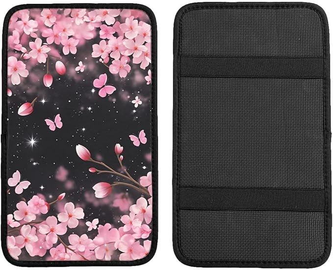 Universal Car Center Console Cushion Pad, Pink Cherry Blossoms Soft Waterproof Car Center Console Cover Auto Armrest Seat Box Cover Protector for Most Vehicle SUV Truck Car