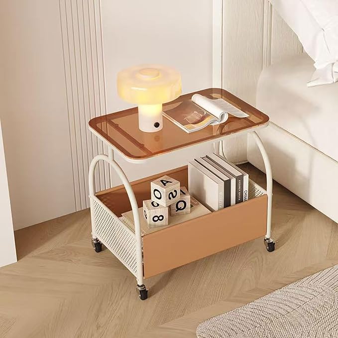 D&H FURNIMMT 2-Tier Rolling Side Table with Glass Top Storage Basket Mobile End Table/Coffee Table with Wheels for Living Room, Bedroom, Kitchen, Balcony Brown & White(22" x 14" x 21")