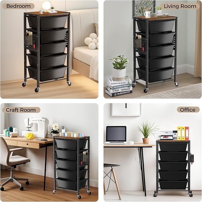 Rolling Cart with 5 Drawers, Plastic Drawer Storage Carts with Wheels & Wooden Tabletop, Metal Utility Cart with Pegboards, Office Living Room Classroom Craft Organization and Storage, Dark Black