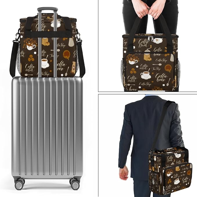 Retro Coffee Maker Carring Bag Tea and Coffe Travel Carrying Storage Tote Bag Compatible with Keurig K-Mini or K-Mini Plus Portable Single Serve Coffee Brewer Case with Pockets for K-cup Pods