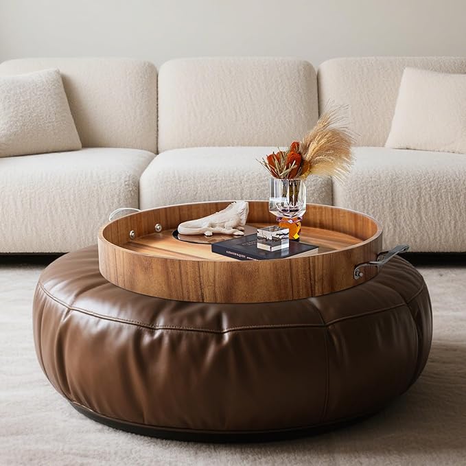 Large Round Tray 20" Round Wooden Tray Ottoman Tray with Handles Elegance and Easy to Pick Up, Tray for Ottoman Wood Serving Tray Decorative Trays for Daily Use and Party with Friends and Family