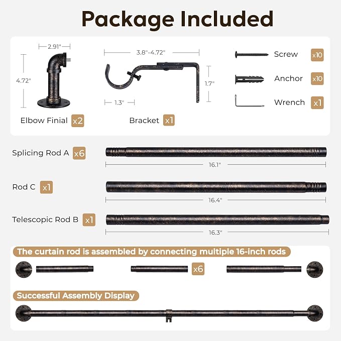 Zeerobee Curtain Rods for Windows 66 to 120, 1 Inch Industrial Wrap Around Vintage Bronze Curtain Rod, Indoor/Outdoor Room Divider Adjustable Drapery Pole, 66"-120"