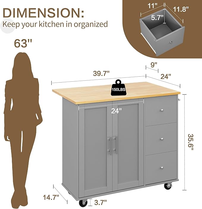 SUNLEI Kitchen Island on Wheels with Storage Cabinet & Foldable Drop Leaf, Rolling Kitchen Table, Cart Handle for Towel Rack, Drop Leaf, Portable Islands for Kitchen (Cement Gray, 39.7-INCH)
