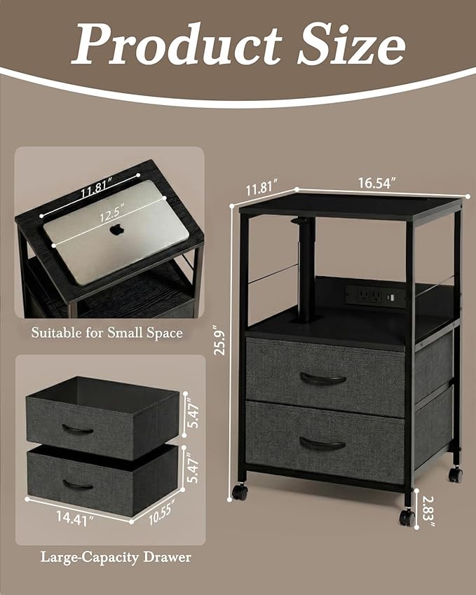 Faesun Swivel Lift Top Nightstand with Charging Station, Rolling Side Table for Recliner, Bedside Table with Wheels & 2 Fabric Drawers, for Small Spaces, for Bedroom, Living Room, Black Gray