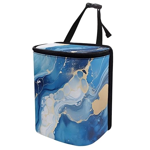 Blue Marble Auto Garbage Can with Lid,Portable Leak Proof Car Trash Can Bag Hanging for Back Seats，Console，Durable and Lightweight Vehicle Rubbish Storage Pocket