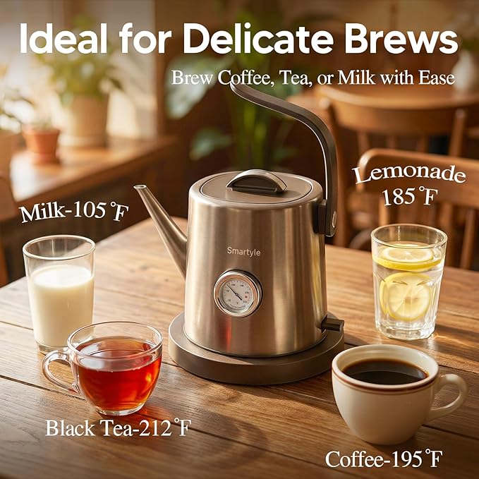 Smartyle® Electric Tea Kettle with Thermometer,1.0L Gooseneck Electric Kettle,304 Stainless Steel,Auto Shut-Off,1200W Pour Over Coffee Pot for Brewing Coffee & Tea at Home,Office,or Café (Chrome)
