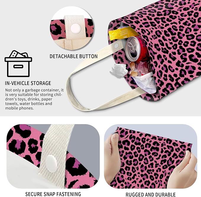 Cute Car Trash Can, Hanging Canvas Car Back Seat Organizer and Storage Bag, Funny Car Trash Bag for Travelling, Outdoor Cute Pink Leopard