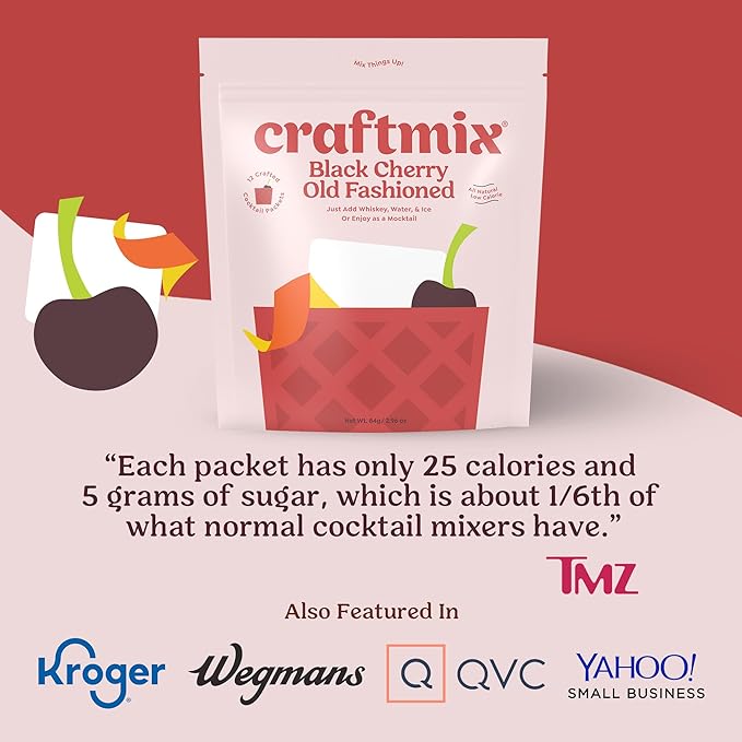 Craftmix Black Cherry Old Fashioned Cocktail & Mocktail Drink Mixer, Skinny Mixes - Water Flavoring Packets Made With Real Fruit - Vegan, Low-Carb, Low-Sugar, Non-GMO, Dairy Free, Gluten Free, 12 Pack