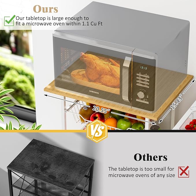 Kitchen Microwave Cart with Fruit Baskets, 5 Tier Microwave Table Stand with Fruit Vegetable Storage Small Rolling Cart on Wheels, Floor Organizers and Storage for Pantry Kitchen, Living Room