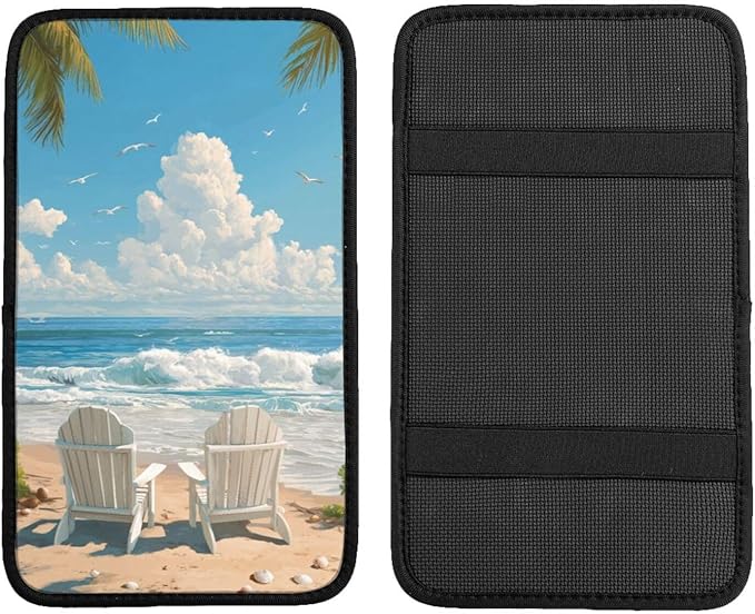 Beach Scene Center Console Cover Pad, Car Armrest Seat Box Cover Cushion Universal for Most Vehicle SUV Truck, Car Interior Accessories Decor, Protect from Pet Claws & Dirt