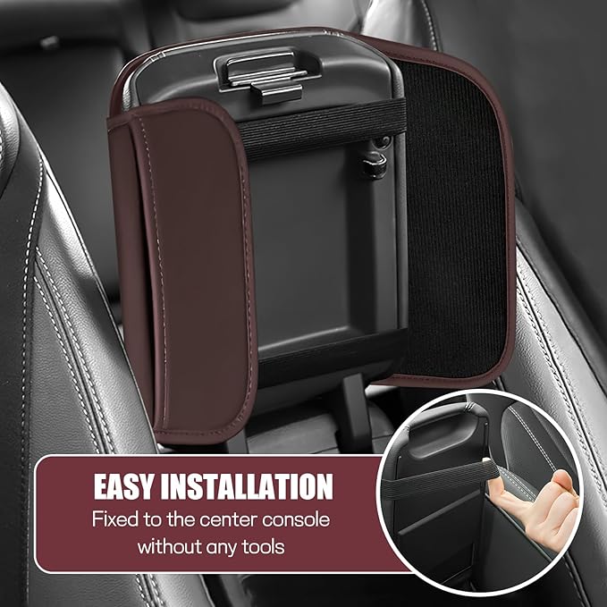 wuyaoyao Car Center Console Cover, Leather Memory Foam Armrest Cover Cushion with 2 Storage Bags, Universal Car Armrest Seat Box Pad Car Interior Accessories Protector for Most Vehicle (Brown)