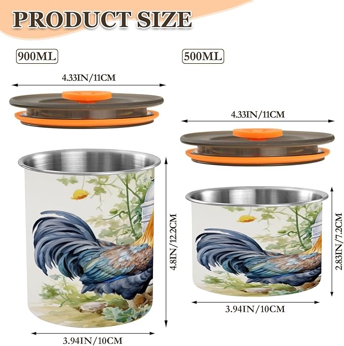YETTASBIN Rooster Airtight Food Storage Containers 900ml/30oz, Stainless Steel Coffee Canisters with Vacuum-Lock Lid for Kitchen Organization, Coffee Bean, Tea, Sugar, Flour
