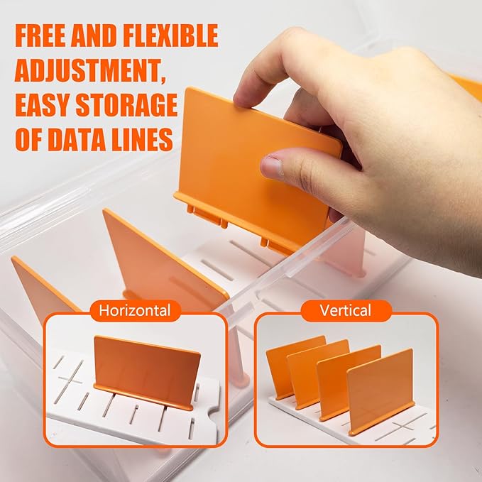 Charger Organizer, Cable Cord Organizer Box (2PCS) - Adjustable Dividers, 16 Cable Ties, Clear Charger Storage Box for Cable, Phone, Drawer Organization