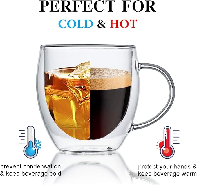 KitchenTour Insulated Coffee Mug 8 oz- Double Wall Glass Coffee Cup with Handle Set of 4 - Clear Glass Drinkware for Espresso，Cappuccino, Latte，Hot Beverages