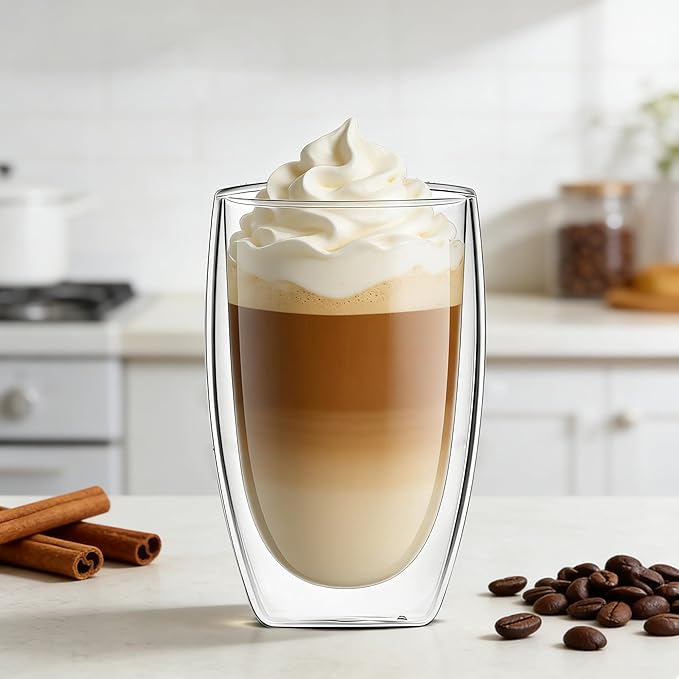 Etolies 6 Pack Double Wall Glass Coffee Mugs, 15oz Glass coffee Cups, Drinking Glasses, Insulated Borosilicate Thermo Cups for Hot & Cold Beverages - Espresso, Latte, Tea, Cappuccino