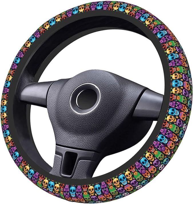 Candy Skull Pattern Universal Fit Steering Wheel Cover for Car, Truck, and SUV, Durable Steering Wheel Protection