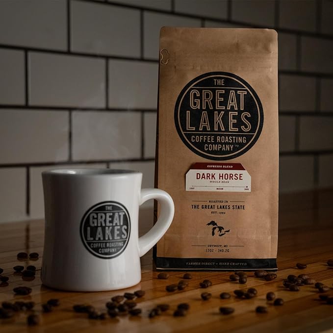 Great Lakes Dark Roast Whole Bean Coffee, Dark Horse Espresso Blend, Farmer Direct Sourced from Brazil, Ethiopia, and Guatemala, 12 Ounces