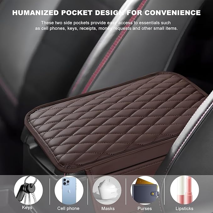 Car Center Console Cover, Waterproof Leather Arm Rest Cushion Pad with 2 Storage Bags, Anti-Scratch Armrest Seat Box Protector Interior Accessories for Most Vehicles (Coffee)