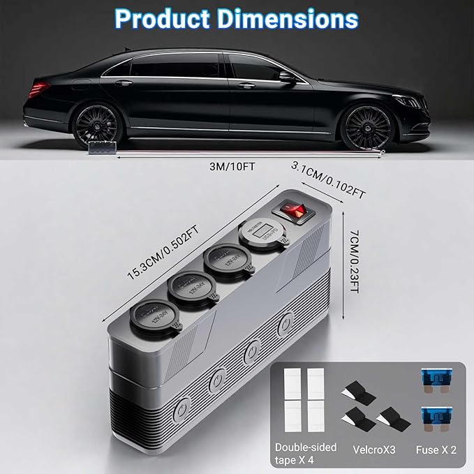 12V Cigarette Lighter Socket Splitter: 180W 15A Power Outlet 3 Socket 4 USB Ports PD66W QC18W - Cigarette Lighter Splitter with 10FT Cable Eyelet Terminal Power Supply Car Plug outlet Battery Adapter