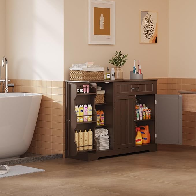 Gizoon Kitchen Coffee Bar Cabinet with Storage Kitchen Sideboard Buffet Cabinet with Drawers, Short Pantry with Door and Shelves for Bathroom and Living Room, Dark Brown