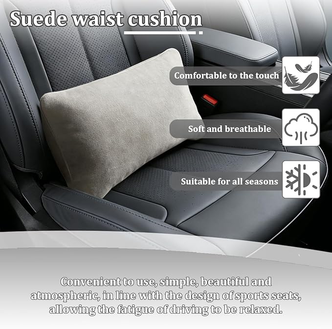 Car Lumbar Support Pillow, Suede Leather Vehicle Driving Seat Lumbar Support Pillow for Lower Back Pain Relief, Automotive Interior Back Cushion Pad, Universal for SUV Sedan Truck (Beige)